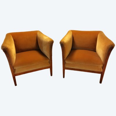 ART DECO Lovely Pair of Armchairs Solid Wood and Gold Fabric