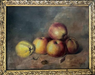 Tableau HST "Nature morte aux pommes et coings" signé D. Finelle 1911 + cadre