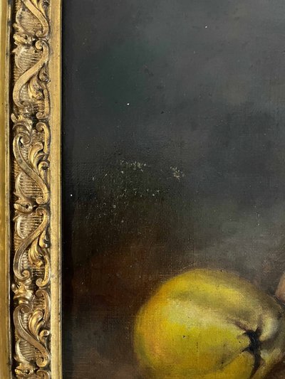 Tableau HST "Nature morte aux pommes et coings" signé D. Finelle 1911 + cadre