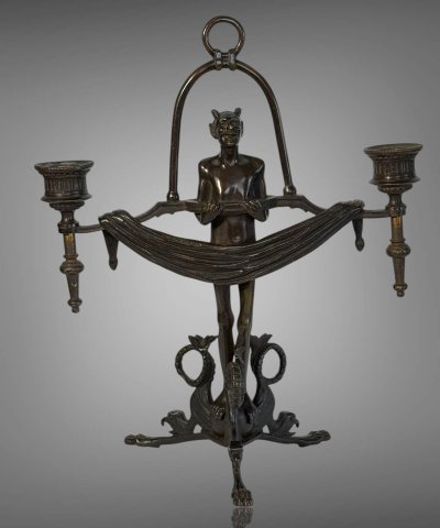 PAIR OF ART DECO PERIOD CANDLES WITH DIABLOTINS IN PAINTED BRONZE Circa 1930