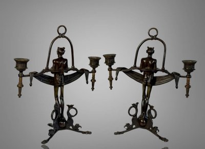 PAIR OF ART DECO PERIOD CANDLES WITH DIABLOTINS IN PAINTED BRONZE Circa 1930