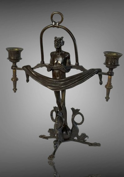 PAIR OF ART DECO PERIOD CANDLES WITH DIABLOTINS IN PAINTED BRONZE Circa 1930