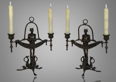 PAIR OF ART DECO PERIOD CANDLES WITH DIABLOTINS IN PAINTED BRONZE Circa 1930