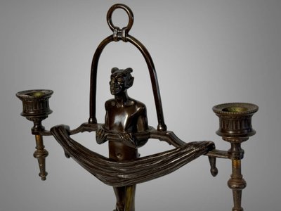 PAIR OF ART DECO PERIOD CANDLES WITH DIABLOTINS IN PAINTED BRONZE Circa 1930
