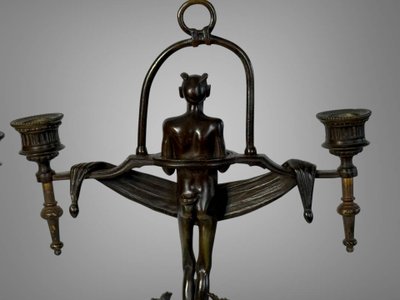 PAIR OF ART DECO PERIOD CANDLES WITH DIABLOTINS IN PAINTED BRONZE Circa 1930
