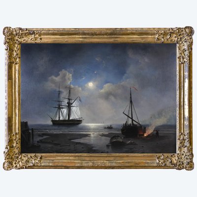 Pittura a olio su tela Moonlit Anchorage, firmata, XIX secolo, olandese