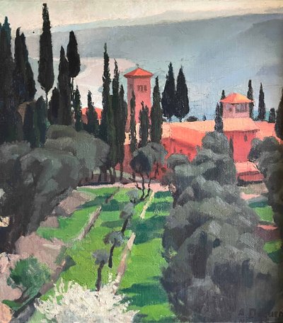 Tableau HSP "Paysage méditerranéen - Nice" 1935 Villa signé A. Deguene