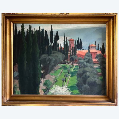 Tableau HSP "Paysage méditerranéen - Nice" 1935 Villa signé A. Deguene