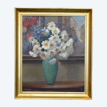 Huile sur toile - Marc-Antoine - Bouquet de fleurs sur une table