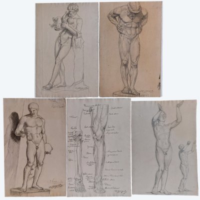 Arthur JACQUET - (1876 - 1966) - 5 dessins académiques - fin XIXéme -