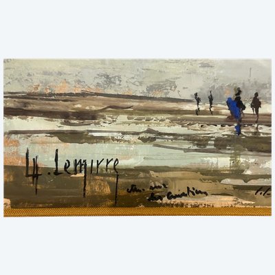 olio su carta incorniciato da Louis Henry LEMIRRE 1929-2000 marine pêche à pied Normandie