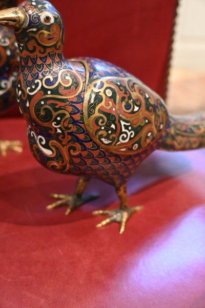 Chine , paire de cailles en cloisonné  brûle parfum