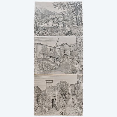 Remy HETREAU - (1913 - 2001) - 3 dessins - Brantes - Vaucluse