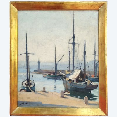  Saint Tropez di Joseph Chauleur Olio su tela Vista del porto Barche a vela Pittura del XX secolo