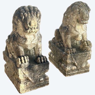 Pair of Chinese foo dogs in marble 19th century China - Chinese foo dogs