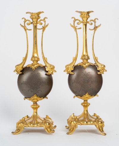 Pair of bronze vases with double patina, Barbedienne model, late XIXᵉ century.