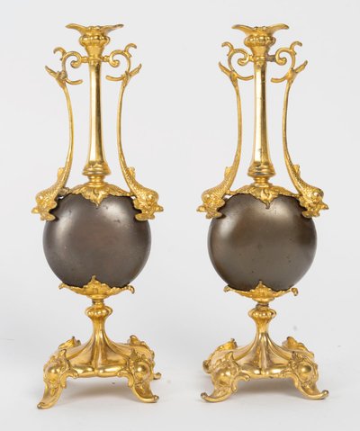 Pair of bronze vases with double patina, Barbedienne model, late XIXᵉ century.