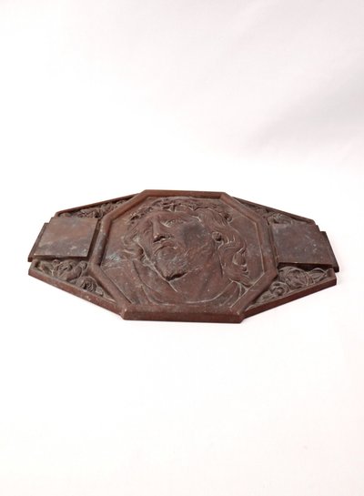 Plaque murale Art Déco bronze du Christ couronne d'épines signée M Thomas début XXe