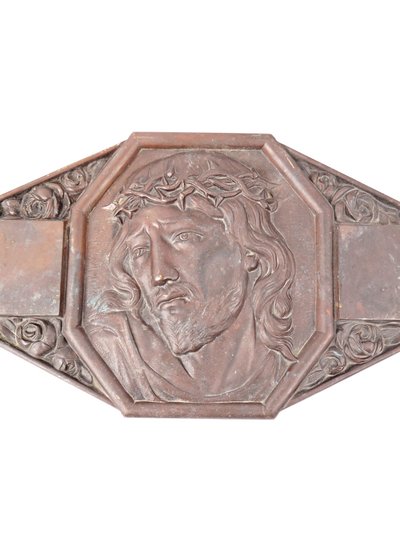 Plaque murale Art Déco bronze du Christ couronne d'épines signée M Thomas début XXe
