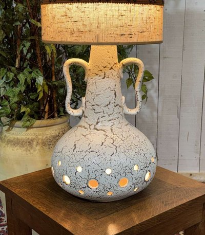 70s white ceramic lamp with period shade