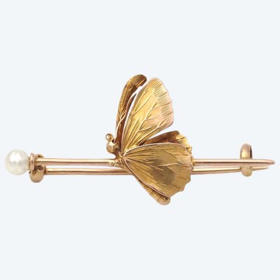 Brosche Insekt Schmetterling feine Perle aus 18 Karat Gold