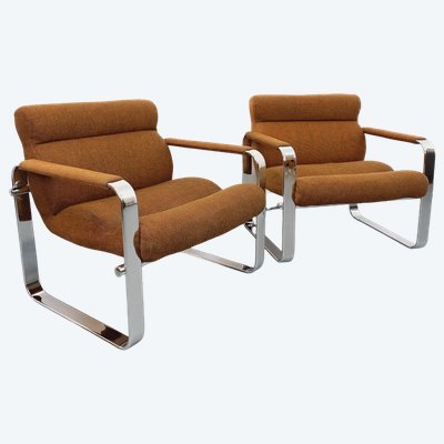 Pair of vintage Eero Aarnio armchairs for Framac in fabric and chrome from the 60s and 70s