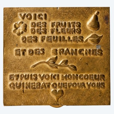 Line Vautrin — Rare poudrier signé en bronze doré avec pochette d’origine — poème Paul Verlaine 