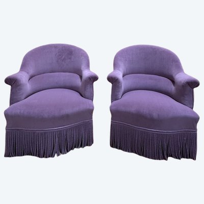 Paire de fauteuils crapauds – Style Napoléon III – Velours violet – XIXe
