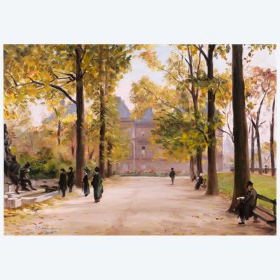 Henri LOUBAT 1855-1926 Paris, le jardin du Luxemborg, tableau, 1911 paysage impressionnisme