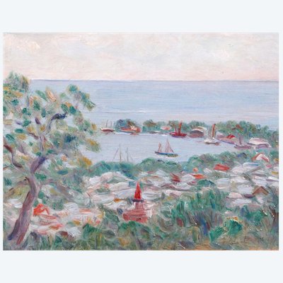 Ferdinand DUBREUIL 1894-1972 Côte d'Azur, paysage de bord de mer, tableau vers 1930 Allier