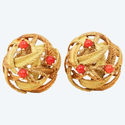 Vintage yellow gold and coral leaf ear clips