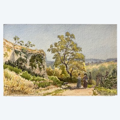 tableau aquarelle par HenrI MOUREN 1844-1926 élégantes dans un paysage en Provence 
