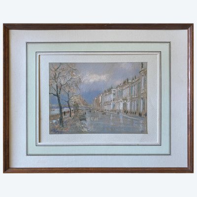 Tableau Pastel "Saint-Pétersbourg" Palais d'hiver signé + cadre