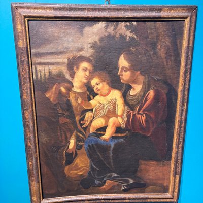 Tableau ancien représentant une conversation sacrée, XVIe siècle, huile sur toile, cadre contemporain. École bolonaise.