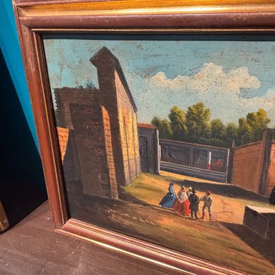 Huile sur toile ancienne représentant les fouilles de Pompéi, XVIIIe siècle, école napolitaine. Dimensions : 56 x 35 cm. Magnifique.