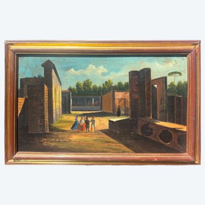 Huile sur toile ancienne représentant les fouilles de Pompéi, XVIIIe siècle, école napolitaine. Dimensions : 56 x 35 cm. Magnifique.