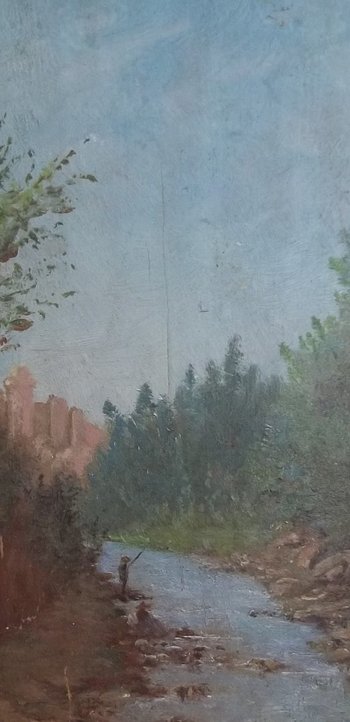 Paesaggio con pescatore sul pannello della scatola dei sigari