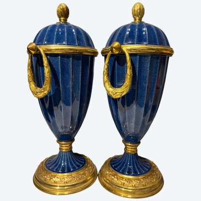 Pair of covered blue porcelain vases/pots by Paul Milet in Sèvres