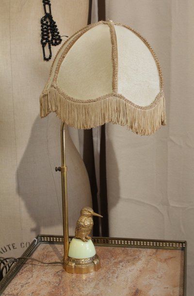 Lampe réglable oiseau en laiton doré et abat-jour 20ème siècle