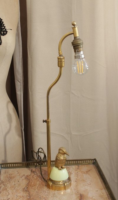 Lampe réglable oiseau en laiton doré et abat-jour 20ème siècle