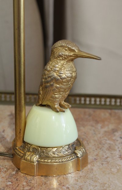 Lampe réglable oiseau en laiton doré et abat-jour 20ème siècle