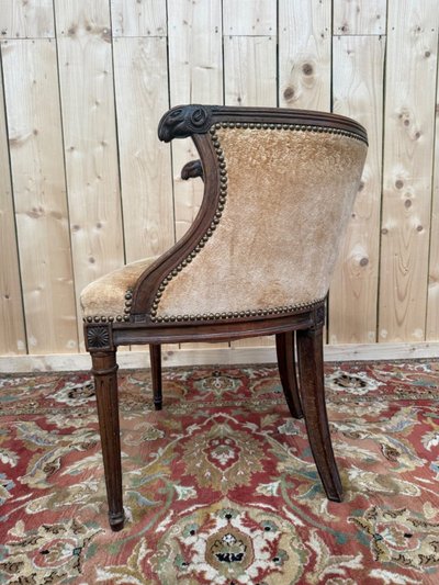 Barrel-Bürosessel – Louis XVI-Stil – Widderköpfe – Geschnitztes Holz, Samt, Messing