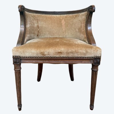Barrel-Bürosessel – Louis XVI-Stil – Widderköpfe – Geschnitztes Holz, Samt, Messing