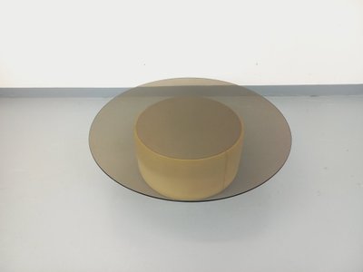 Table basse ronde vintage en verre, cuir et métal style Space Age des années 70