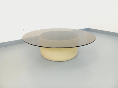 Table basse ronde vintage en verre, cuir et métal style Space Age des années 70