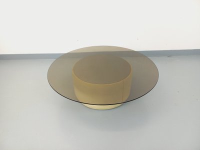 Table basse ronde vintage en verre, cuir et métal style Space Age des années 70