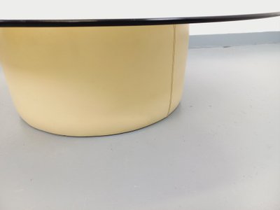 Table basse ronde vintage en verre, cuir et métal style Space Age des années 70