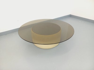 Table basse ronde vintage en verre, cuir et métal style Space Age des années 70
