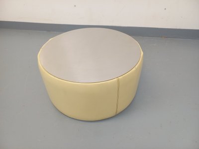 Table basse ronde vintage en verre, cuir et métal style Space Age des années 70