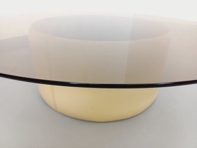Table basse ronde vintage en verre, cuir et métal style Space Age des années 70